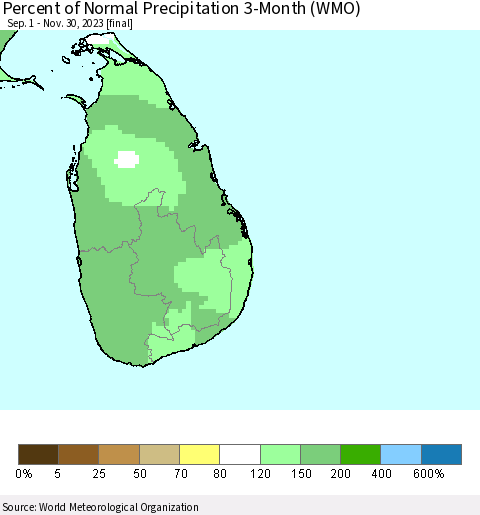 Sri Lanka Percent of Normal Precipitation 3-Month (WMO) Thematic Map For 9/1/2023 - 11/30/2023