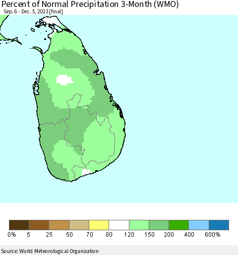 Sri Lanka Percent of Normal Precipitation 3-Month (WMO) Thematic Map For 9/6/2023 - 12/5/2023