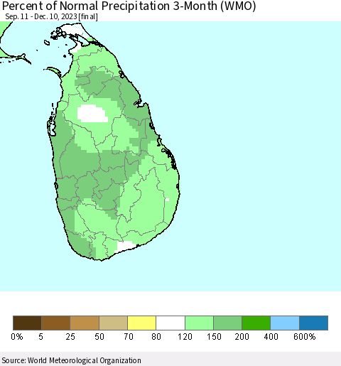 Sri Lanka Percent of Normal Precipitation 3-Month (WMO) Thematic Map For 9/11/2023 - 12/10/2023
