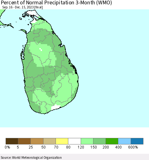Sri Lanka Percent of Normal Precipitation 3-Month (WMO) Thematic Map For 9/16/2023 - 12/15/2023