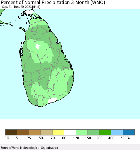 Sri Lanka Percent of Normal Precipitation 3-Month (WMO) Thematic Map For 9/21/2023 - 12/20/2023