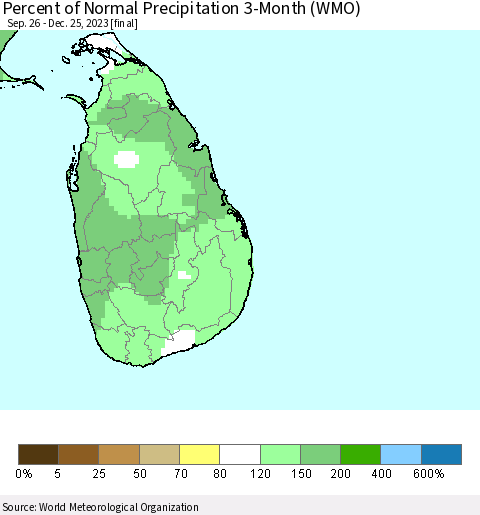 Sri Lanka Percent of Normal Precipitation 3-Month (WMO) Thematic Map For 9/26/2023 - 12/25/2023
