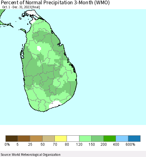 Sri Lanka Percent of Normal Precipitation 3-Month (WMO) Thematic Map For 10/1/2023 - 12/31/2023