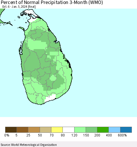 Sri Lanka Percent of Normal Precipitation 3-Month (WMO) Thematic Map For 10/6/2023 - 1/5/2024