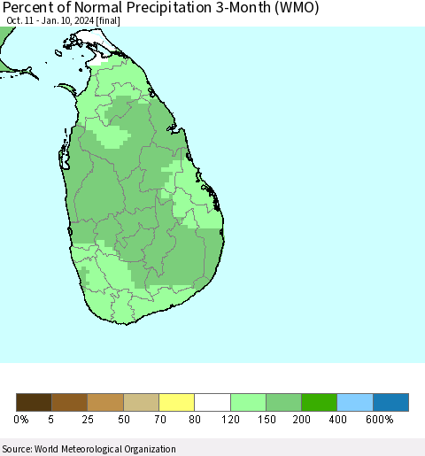 Sri Lanka Percent of Normal Precipitation 3-Month (WMO) Thematic Map For 10/11/2023 - 1/10/2024