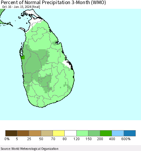 Sri Lanka Percent of Normal Precipitation 3-Month (WMO) Thematic Map For 10/16/2023 - 1/15/2024