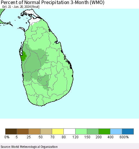 Sri Lanka Percent of Normal Precipitation 3-Month (WMO) Thematic Map For 10/21/2023 - 1/20/2024