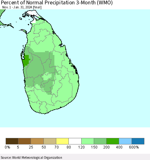 Sri Lanka Percent of Normal Precipitation 3-Month (WMO) Thematic Map For 11/1/2023 - 1/31/2024