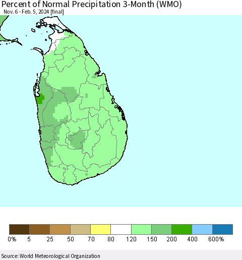 Sri Lanka Percent of Normal Precipitation 3-Month (WMO) Thematic Map For 11/6/2023 - 2/5/2024
