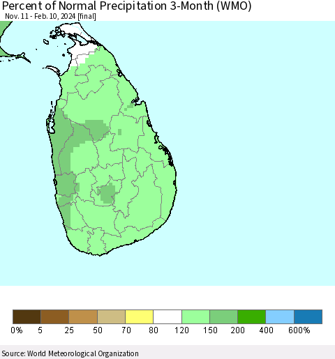 Sri Lanka Percent of Normal Precipitation 3-Month (WMO) Thematic Map For 11/11/2023 - 2/10/2024