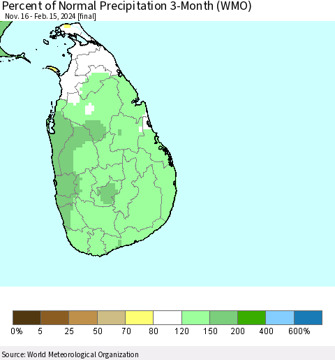 Sri Lanka Percent of Normal Precipitation 3-Month (WMO) Thematic Map For 11/16/2023 - 2/15/2024
