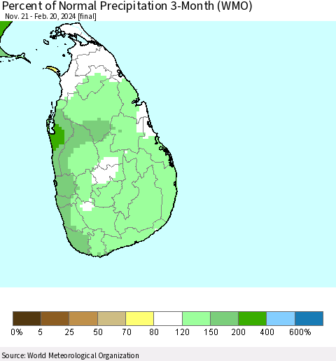 Sri Lanka Percent of Normal Precipitation 3-Month (WMO) Thematic Map For 11/21/2023 - 2/20/2024