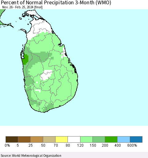 Sri Lanka Percent of Normal Precipitation 3-Month (WMO) Thematic Map For 11/26/2023 - 2/25/2024