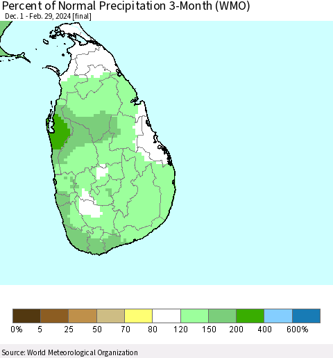 Sri Lanka Percent of Normal Precipitation 3-Month (WMO) Thematic Map For 12/1/2023 - 2/29/2024