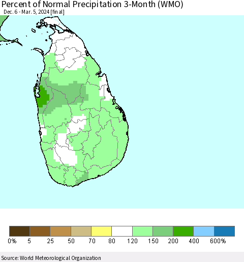 Sri Lanka Percent of Normal Precipitation 3-Month (WMO) Thematic Map For 12/6/2023 - 3/5/2024