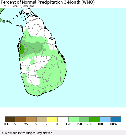 Sri Lanka Percent of Normal Precipitation 3-Month (WMO) Thematic Map For 12/11/2023 - 3/10/2024