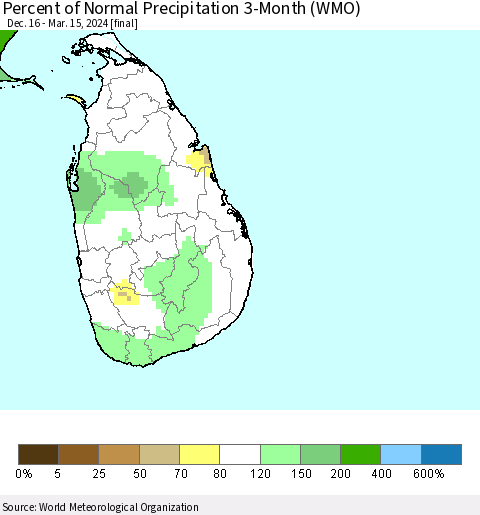 Sri Lanka Percent of Normal Precipitation 3-Month (WMO) Thematic Map For 12/16/2023 - 3/15/2024