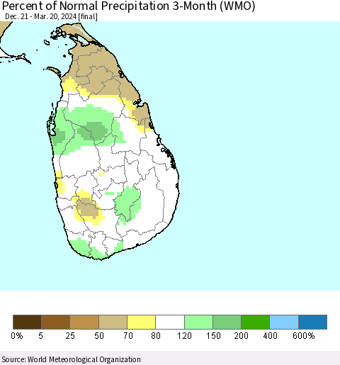 Sri Lanka Percent of Normal Precipitation 3-Month (WMO) Thematic Map For 12/21/2023 - 3/20/2024