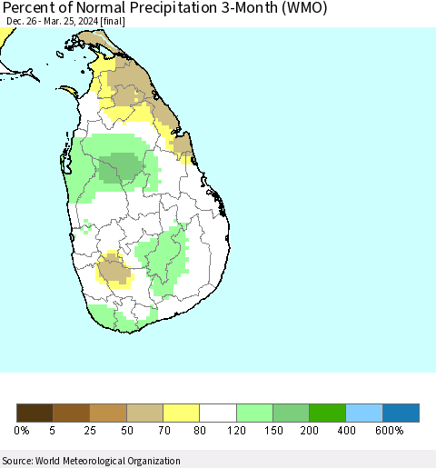 Sri Lanka Percent of Normal Precipitation 3-Month (WMO) Thematic Map For 12/26/2023 - 3/25/2024