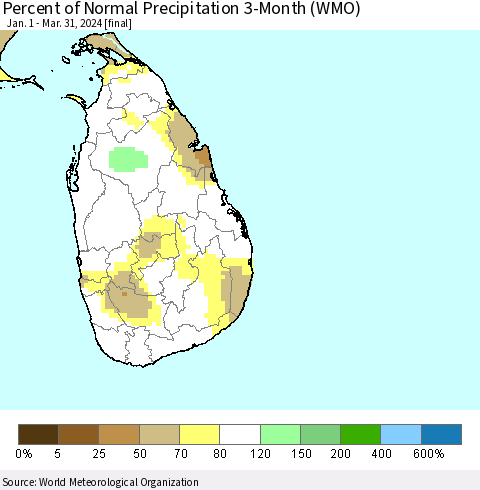 Sri Lanka Percent of Normal Precipitation 3-Month (WMO) Thematic Map For 1/1/2024 - 3/31/2024