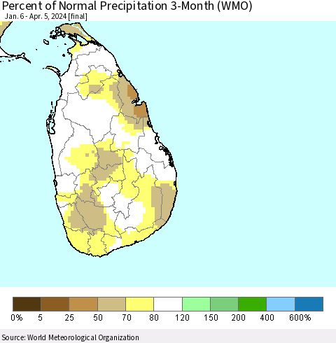 Sri Lanka Percent of Normal Precipitation 3-Month (WMO) Thematic Map For 1/6/2024 - 4/5/2024