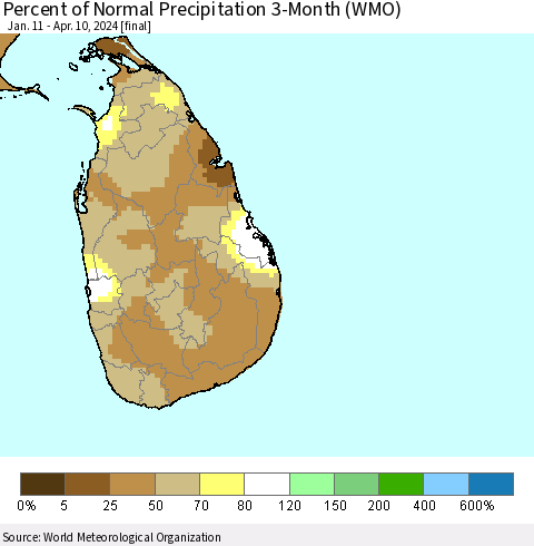 Sri Lanka Percent of Normal Precipitation 3-Month (WMO) Thematic Map For 1/11/2024 - 4/10/2024