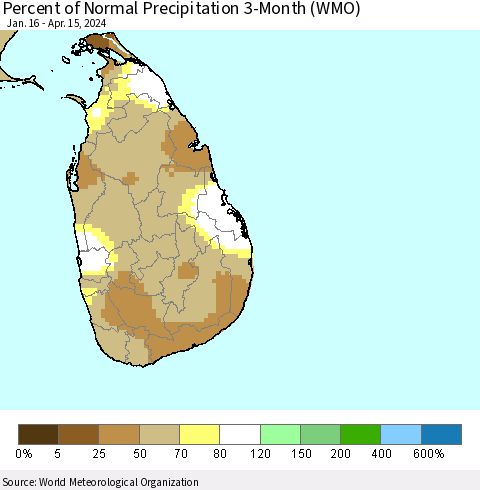 Sri Lanka Percent of Normal Precipitation 3-Month (WMO) Thematic Map For 1/16/2024 - 4/15/2024