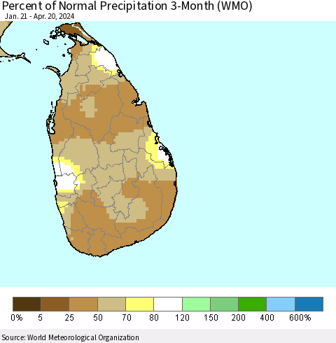 Sri Lanka Percent of Normal Precipitation 3-Month (WMO) Thematic Map For 1/21/2024 - 4/20/2024