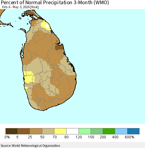 Sri Lanka Percent of Normal Precipitation 3-Month (WMO) Thematic Map For 2/6/2024 - 5/5/2024