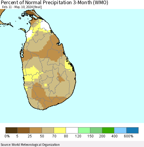 Sri Lanka Percent of Normal Precipitation 3-Month (WMO) Thematic Map For 2/11/2024 - 5/10/2024