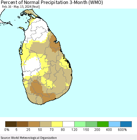 Sri Lanka Percent of Normal Precipitation 3-Month (WMO) Thematic Map For 2/16/2024 - 5/15/2024