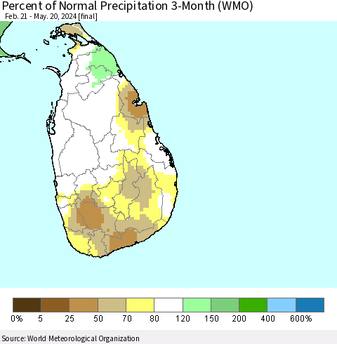 Sri Lanka Percent of Normal Precipitation 3-Month (WMO) Thematic Map For 2/21/2024 - 5/20/2024
