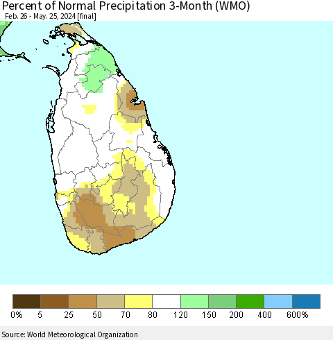 Sri Lanka Percent of Normal Precipitation 3-Month (WMO) Thematic Map For 2/26/2024 - 5/25/2024