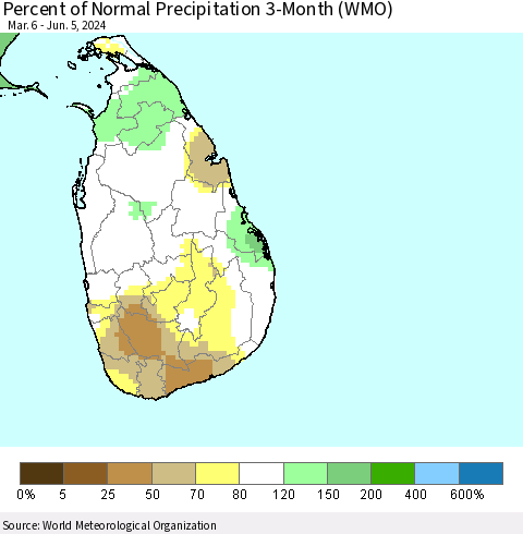 Sri Lanka Percent of Normal Precipitation 3-Month (WMO) Thematic Map For 3/6/2024 - 6/5/2024