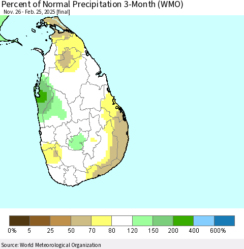 Sri Lanka Percent of Normal Precipitation 3-Month (WMO) Thematic Map For 11/26/2024 - 2/25/2025