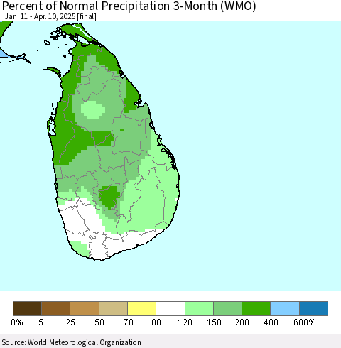 Sri Lanka Percent of Normal Precipitation 3-Month (WMO) Thematic Map For 1/11/2025 - 4/10/2025