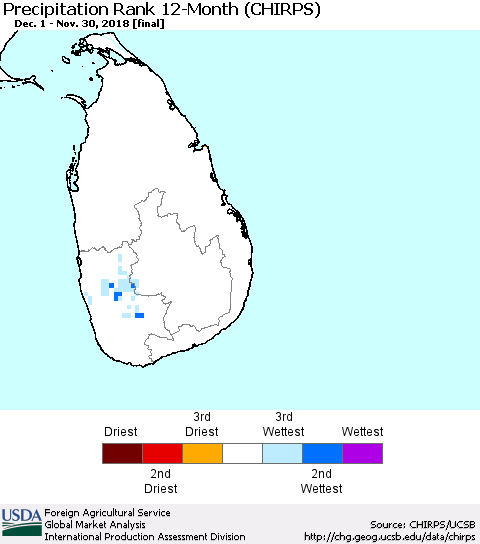 Sri Lanka Precipitation Rank since 1981, 12-Month (CHIRPS) Thematic Map For 12/1/2017 - 11/30/2018