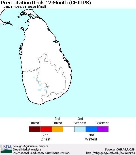Sri Lanka Precipitation Rank since 1981, 12-Month (CHIRPS) Thematic Map For 1/1/2018 - 12/31/2018