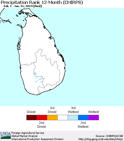 Sri Lanka Precipitation Rank since 1981, 12-Month (CHIRPS) Thematic Map For 2/1/2018 - 1/31/2019