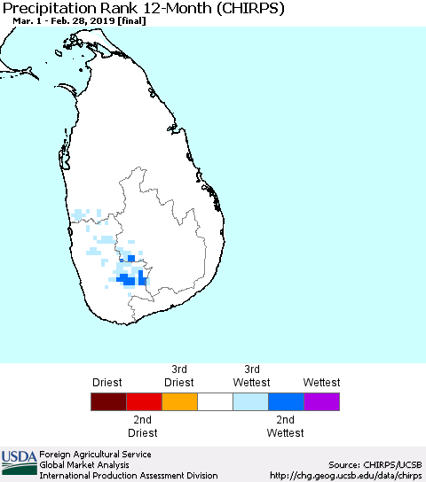 Sri Lanka Precipitation Rank since 1981, 12-Month (CHIRPS) Thematic Map For 3/1/2018 - 2/28/2019