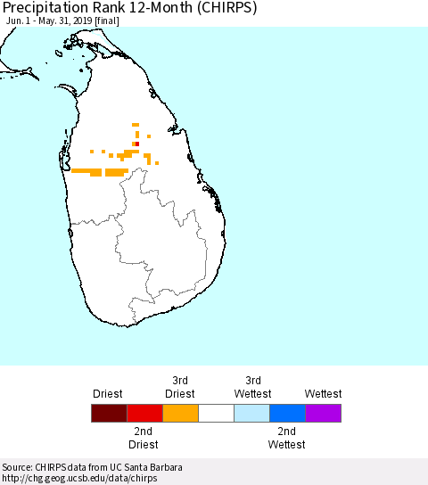 Sri Lanka Precipitation Rank since 1981, 12-Month (CHIRPS) Thematic Map For 6/1/2018 - 5/31/2019