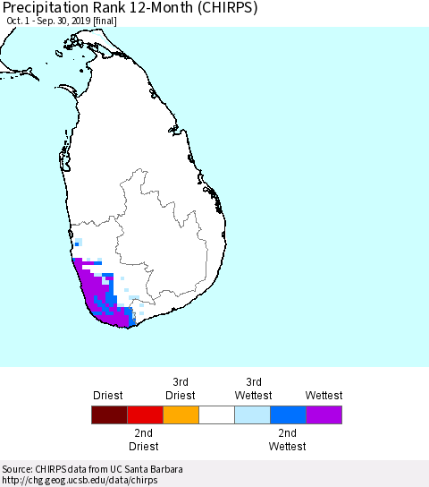 Sri Lanka Precipitation Rank since 1981, 12-Month (CHIRPS) Thematic Map For 10/1/2018 - 9/30/2019