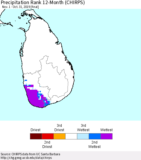 Sri Lanka Precipitation Rank since 1981, 12-Month (CHIRPS) Thematic Map For 11/1/2018 - 10/31/2019