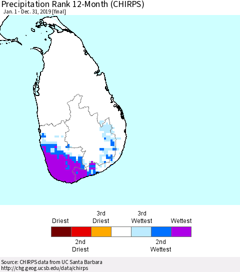 Sri Lanka Precipitation Rank since 1981, 12-Month (CHIRPS) Thematic Map For 1/1/2019 - 12/31/2019