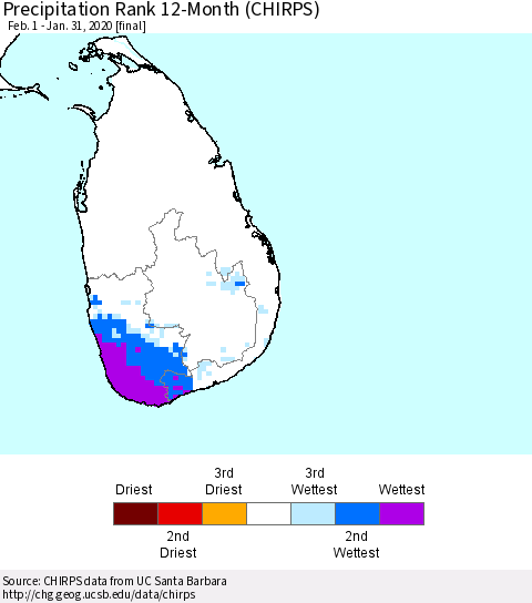 Sri Lanka Precipitation Rank since 1981, 12-Month (CHIRPS) Thematic Map For 2/1/2019 - 1/31/2020