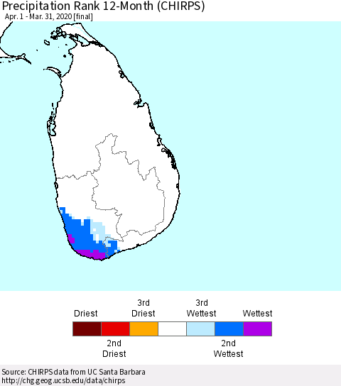 Sri Lanka Precipitation Rank since 1981, 12-Month (CHIRPS) Thematic Map For 4/1/2019 - 3/31/2020