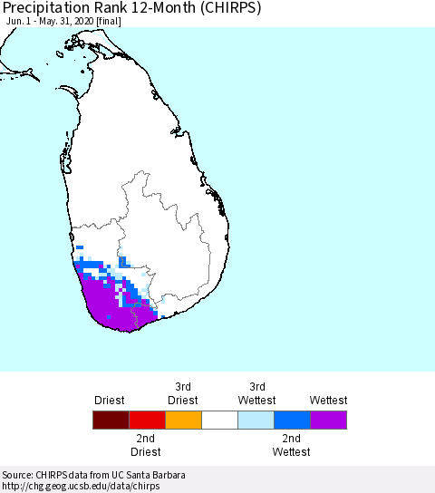 Sri Lanka Precipitation Rank 12-Month (CHIRPS) Thematic Map For 6/1/2019 - 5/31/2020