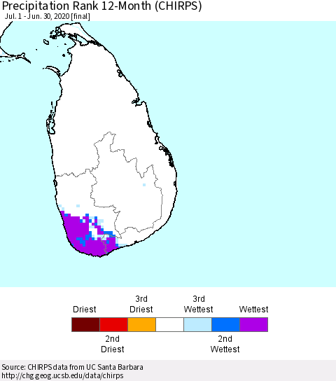 Sri Lanka Precipitation Rank 12-Month (CHIRPS) Thematic Map For 7/1/2019 - 6/30/2020