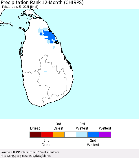 Sri Lanka Precipitation Rank since 1981, 12-Month (CHIRPS) Thematic Map For 2/1/2020 - 1/31/2021