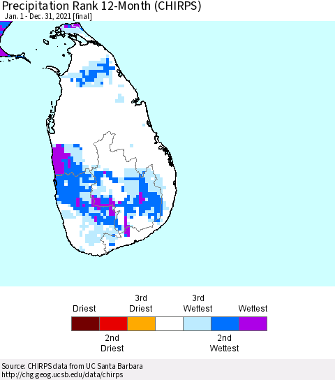 Sri Lanka Precipitation Rank 12-Month (CHIRPS) Thematic Map For 1/1/2021 - 12/31/2021